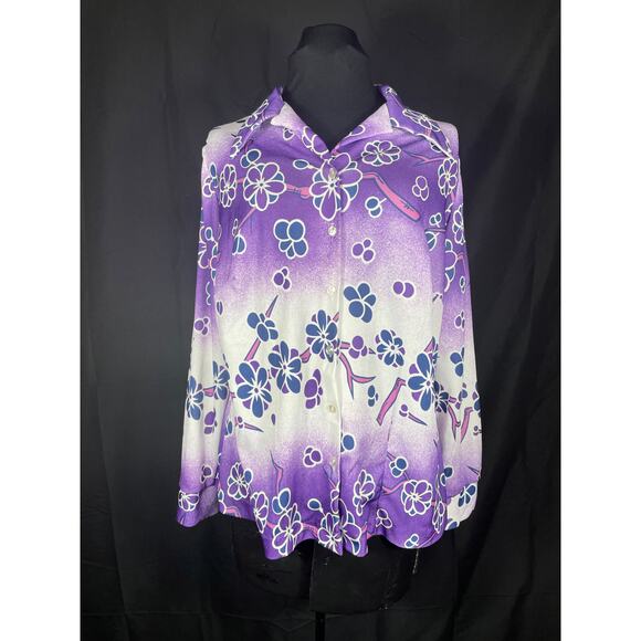 Vintage 70's purple cherry blossom, button down Sears, blouse, wide collar, - Picture 1 of 9